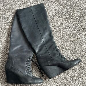 Steve Madden Luxe Black Leather Knee-High Wedge Boots